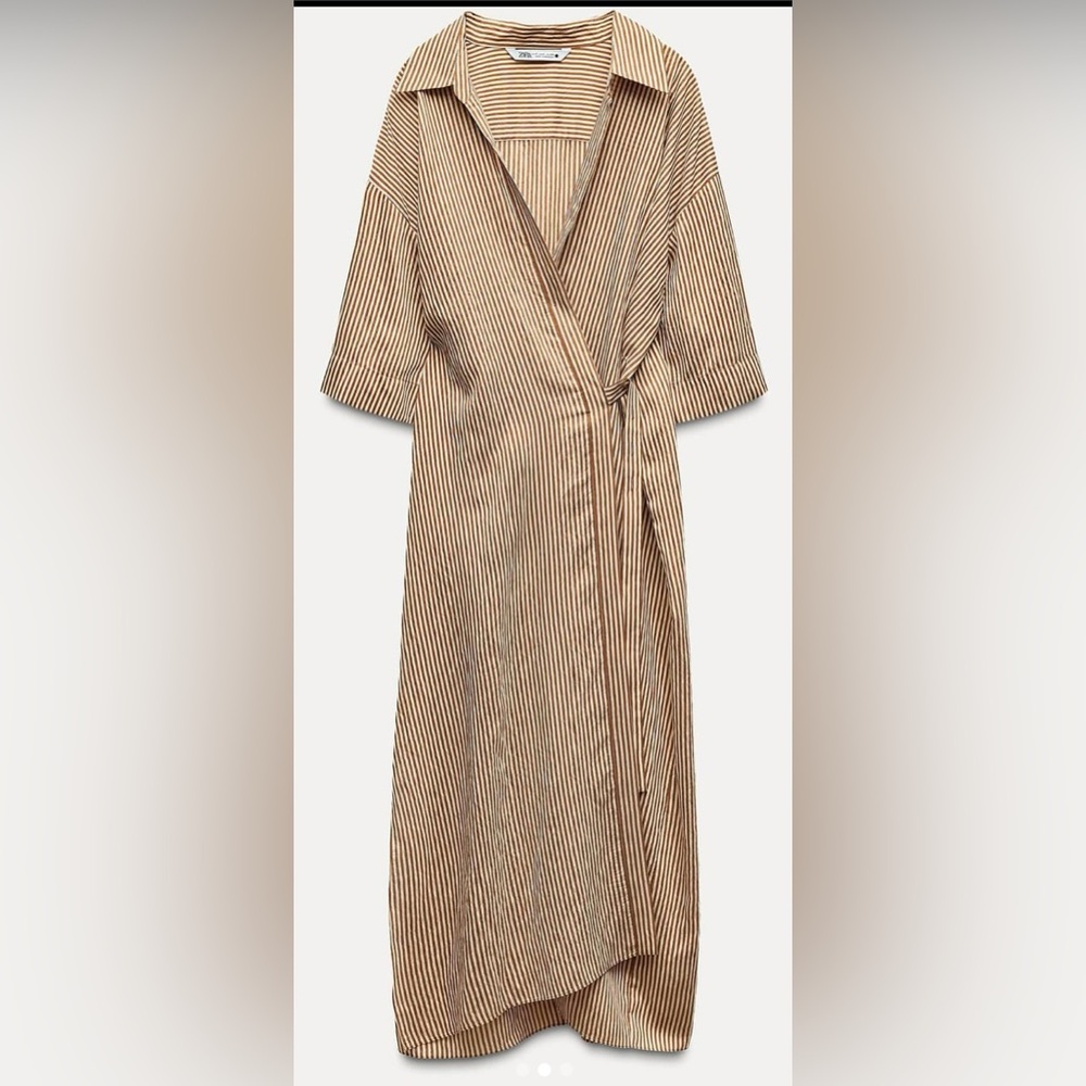 Zara Beige Striped Midi Wrap Dress - Picture 2 of 3